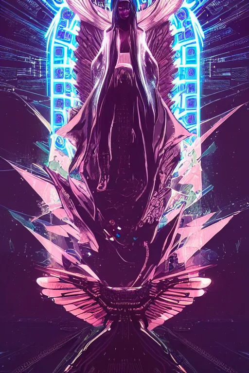 Image similar to white arc-angel with mystic robotic wings, blade runner, akira, ghost in the shell, 2077, style of Laurie Greasley and Satoshi Kon + symmetric lights and smoke, psychedelic effects , glowing particles, neon rain, glowing runes, de-noise, symmetrical composition, high detailed + tarot card, ornate border, 8k