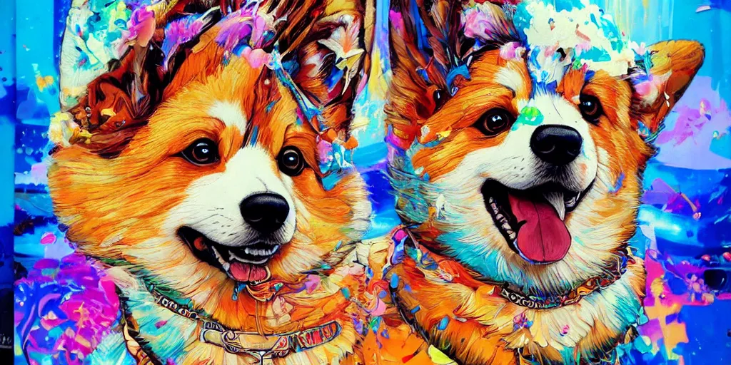 Prompt: beautiful painting of psychedelic fluffy corgi king ruling, by Tristan Eaton, James Gurney, greg rutkowski. trending on Artstation, 8k, masterpiece, graffiti paint, fine detail, full of color, intricate detail, golden ratio illustration