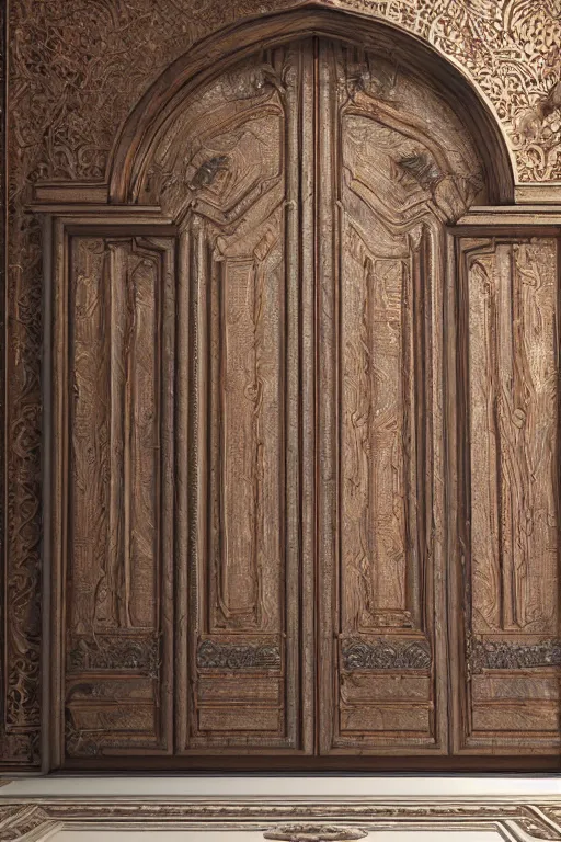 Prompt: a huge wooden door made by two slabs with live edge with rush plant ornaments in bright metalllic element, ornate, fantasy, photorealistic, octane render, volumetric light, high definition, ultra detailed, artstation, deviantart, cgsociety
