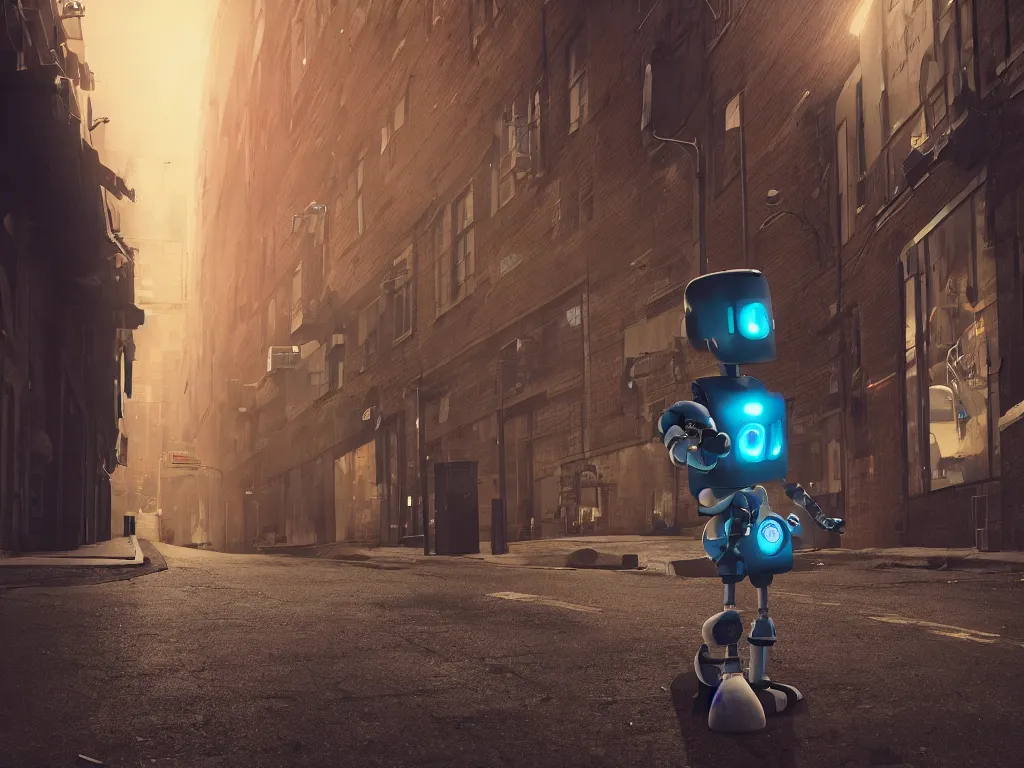 Image similar to a cartoon of a paranoid android on the run, around the corner ,down the alley of a big city with brick buildings and street lights. robot, crime noir, octane render, cinematic, dramatic