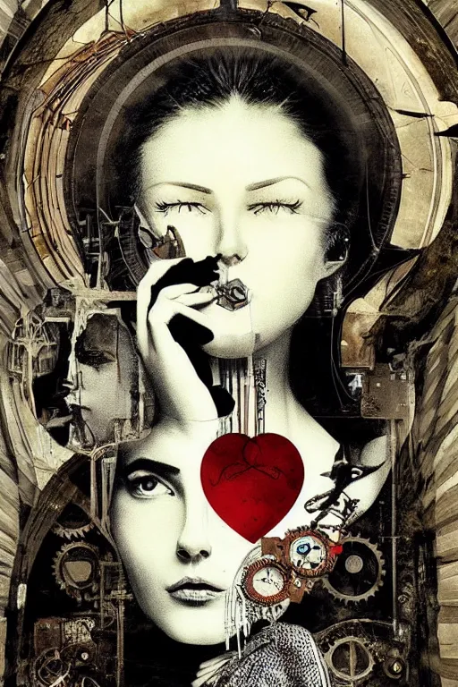 Prompt: Collage art combines a beautiful woman with a symmetrical face with a moon, cat and heart, surreal, beautiful,steampunk style dave mckean , beautiful and creepy , silkscreen, textures, perfect geometry , epic composition, golden ratio, high quality printing