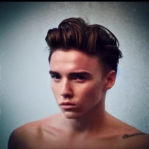 Image similar to “a realistic detailed photo of a guy who is an attractive humanoid who is half robot and half humanoid, who is a male android, Brooklyn Beckham, shiny skin, posing like a statue, blank stare”