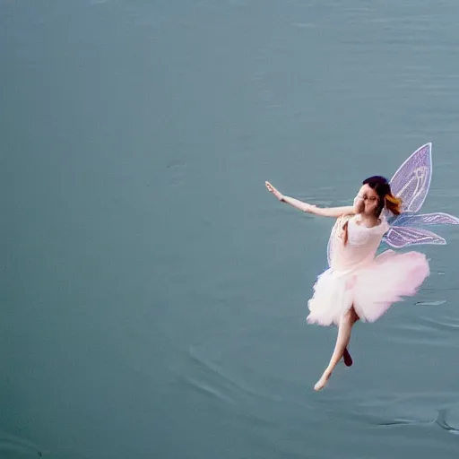 Image similar to flying fairy with wings timidly tipping toe into the center of a lake