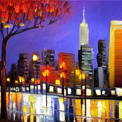 Image similar to a beautiful oil painting of the new york city town square at night, by bob ross