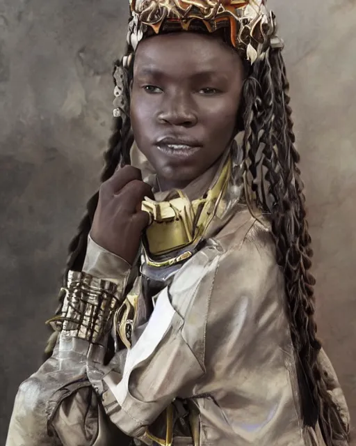 Prompt: beautiful afrofuturistic himba women holding her helmet, otjize, led detailed spacesuit, himba hairstyle, robotic arms, hyperrealistic, scifi, retouched photograph, dark, muted colors