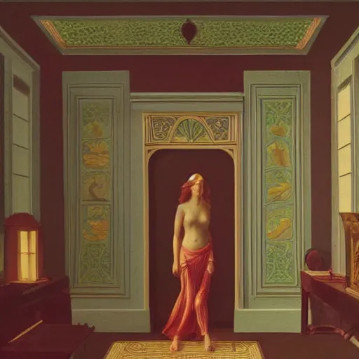 Image similar to a goddess in a liminal room, film still by wes anderson, depicted by leon battista alberti, limited color palette, very intricate, art nouveau, highly detailed, lights by hopper, soft pastel colors, minimalist