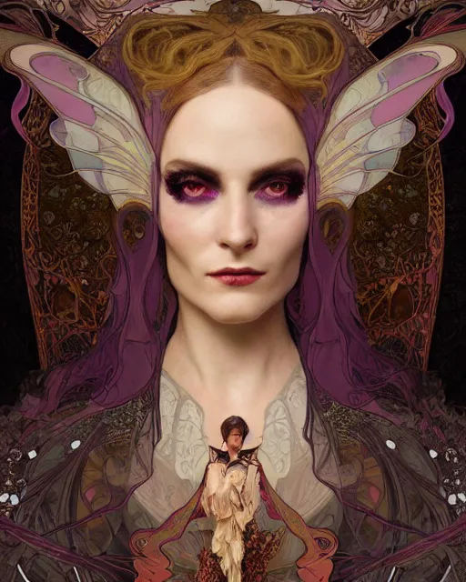 Image similar to wlop and alfons mucha detailed portrait digital rococo painting of a beautiful serious villainess wearing fantasy clothing like liliana vess, villainess has black angel wings, evil mood, hellish battlefield in the background, unreal engine, embers flying, hyper realism, realistic shading, cinematic composition, blender render, octane render, ultrawide shot