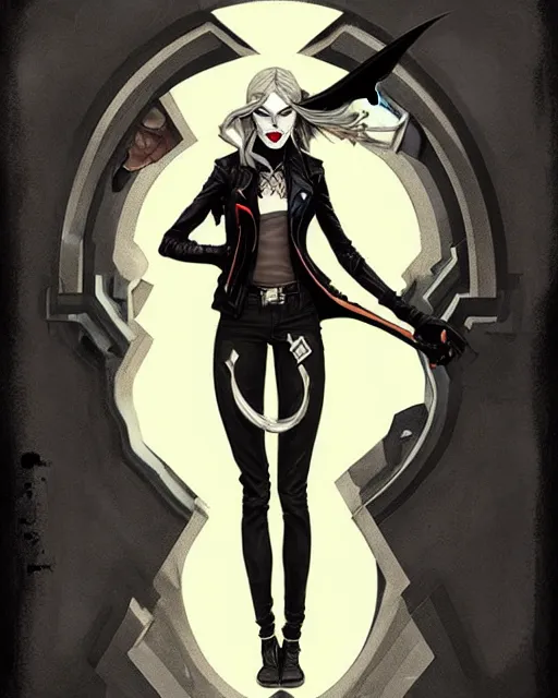 Image similar to rafael albuquerque comic art, art nouveau, peter mohrbacher, artgerm, pretty anya taylor - joy vampire sharp vampire teeth open mouth, black leather jacket, jeans, long blonde hair, full body