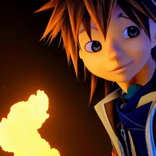 Prompt: sora from kingdom hearts exhaling a large smoke cloud from his bong, movie still, cinematic lighting