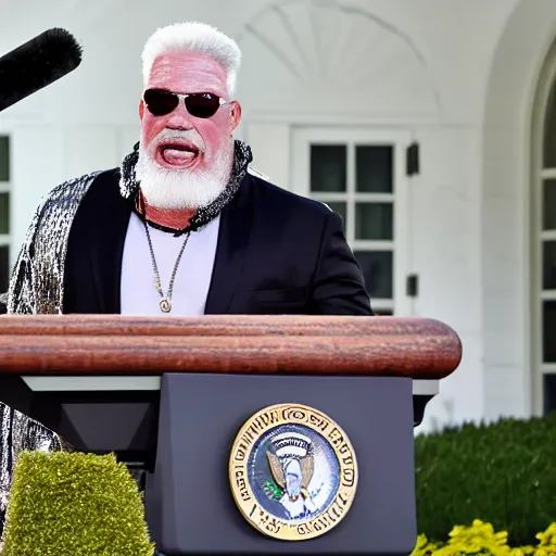 Prompt: realistic photo of big poppa pump scott steiner with no shirt and a chainmail coif standing behind the podium during a press conference at the white house rose garden