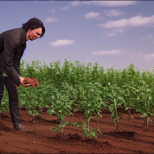 Image similar to keanu reeves planting potatoes in belarus, instagram photo, photorealistic, hyper detailed, hyper realistic, houdini, vfx, unreal engine 5, octane render, 8 k, full hd