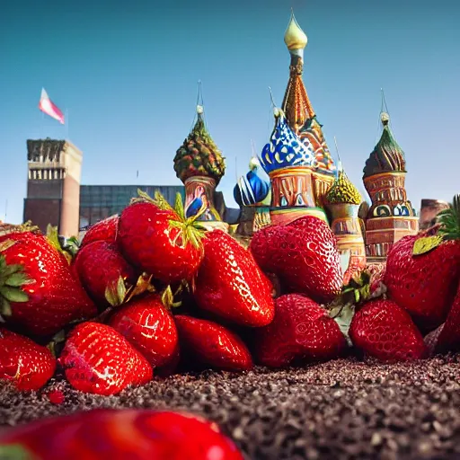 Image similar to super wide shot of giant strawberry monster on red square, 4 k, greg rutkowski, bokeh