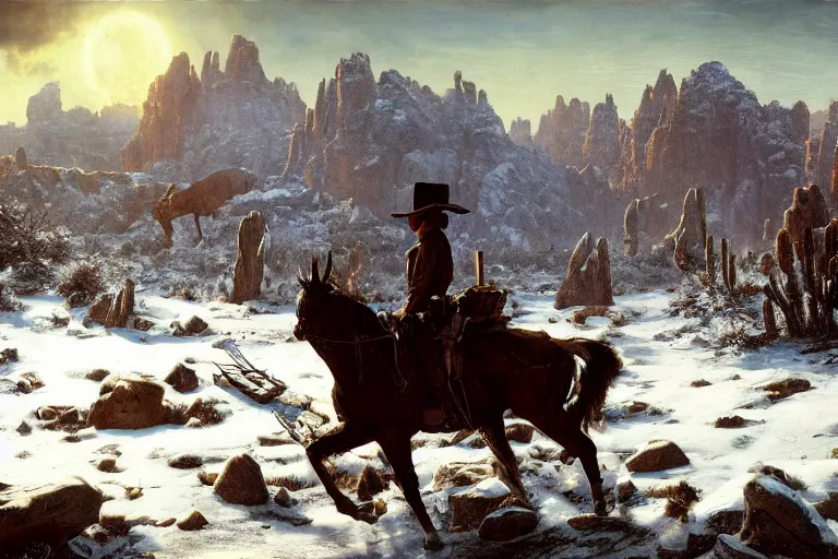 Image similar to an ultradetailed image of jense ackles as an old west gunfighter shooting at a charging wendigo, horrifying supernatural monsters, ultrawide lens, aerial photography, desert landscape with snowy mountains in the far background, masterpiece, 8 k, art by greg rutkowski and albert bierstadt