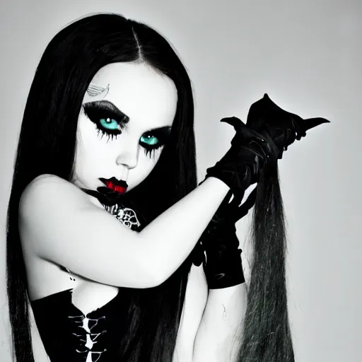 Image similar to kerli koiv as young teen girl, gothic, dark, dramatic, flawless, headshot, pinup