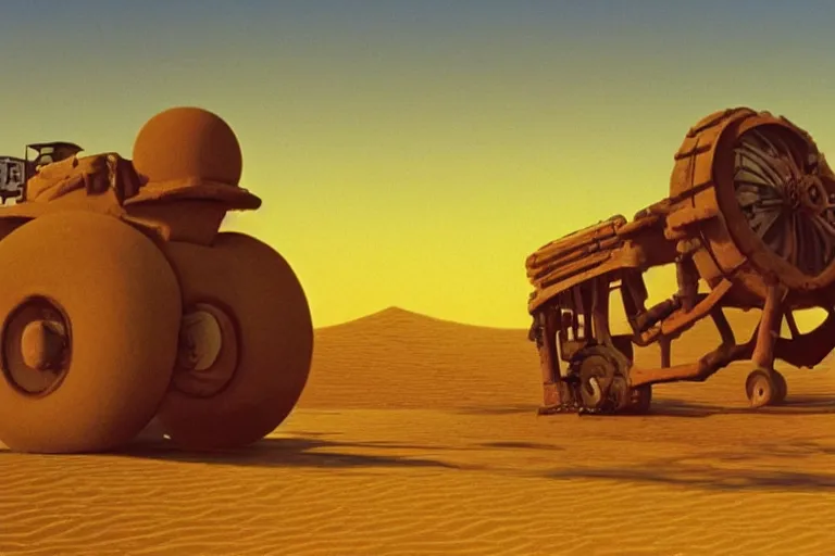 Image similar to giant wheels roll toward a golden desert sunset, cinemascope, studio ghibli, widescreen