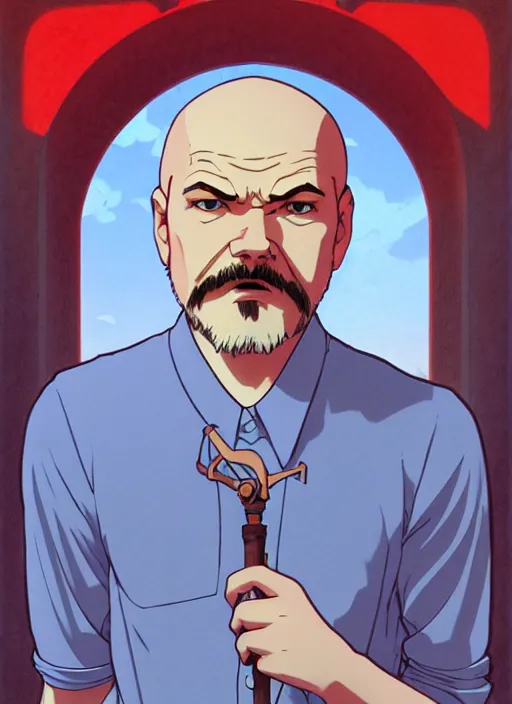 Prompt: art young lenin with big blade, light blue eyes, pale skin, freckles, sad expression, t - shirt, modern casual clothing, natural lighting, path traced, highly detailed, high quality, cartoon, digital painting, by don bluth and ross tran and studio ghibli and alphonse mucha