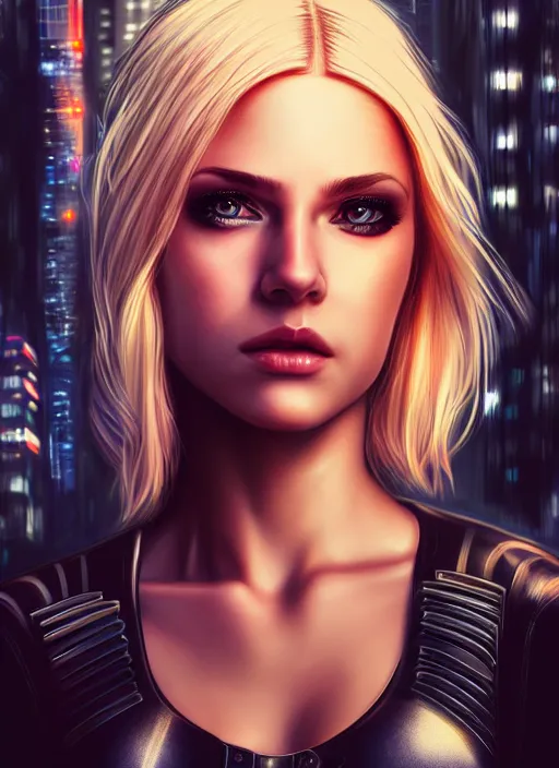 Image similar to photo of a gorgeous blonde female in cyberpunk city, realistic, sharp focus, 8 k high definition, insanely detailed, intricate, elegant, artgerm, greg kutkowski, high contrast dramatic lighting