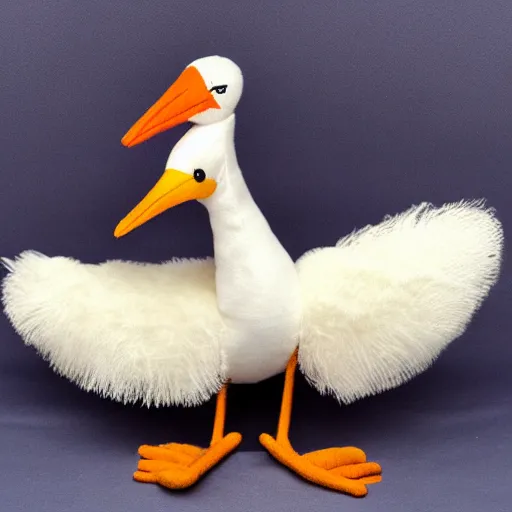 Prompt: plush of a stork wearing an elegant suit