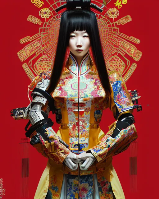 Image similar to portrait of a chinese cyberpunk machine, machine face, robed, upper half portrait, decorated with chinese opera motifs regal asian machine robot cyberpunk fine china, wuxia, traditional chinese art intricate intense elegant highly detailed digital painting artstation concept art smooth sharp focus illustration, art by artgerm and greg rutkowski alphonse mucha 8 k