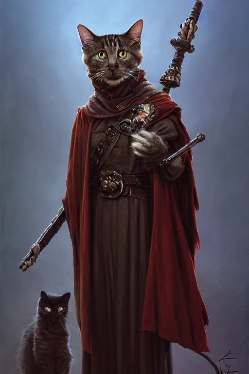 Prompt: full portrait of a character of a genetic combination of tom cruise and a cat holding a ceremonial staff, dressed in a cloak, zdzislaw beksinski, lewis jones, dariusz zawadzki, wayne barlow, warhammer fantasy, cold shade, gradient background of warm tones, concept art, 4 k, ultra - high definition