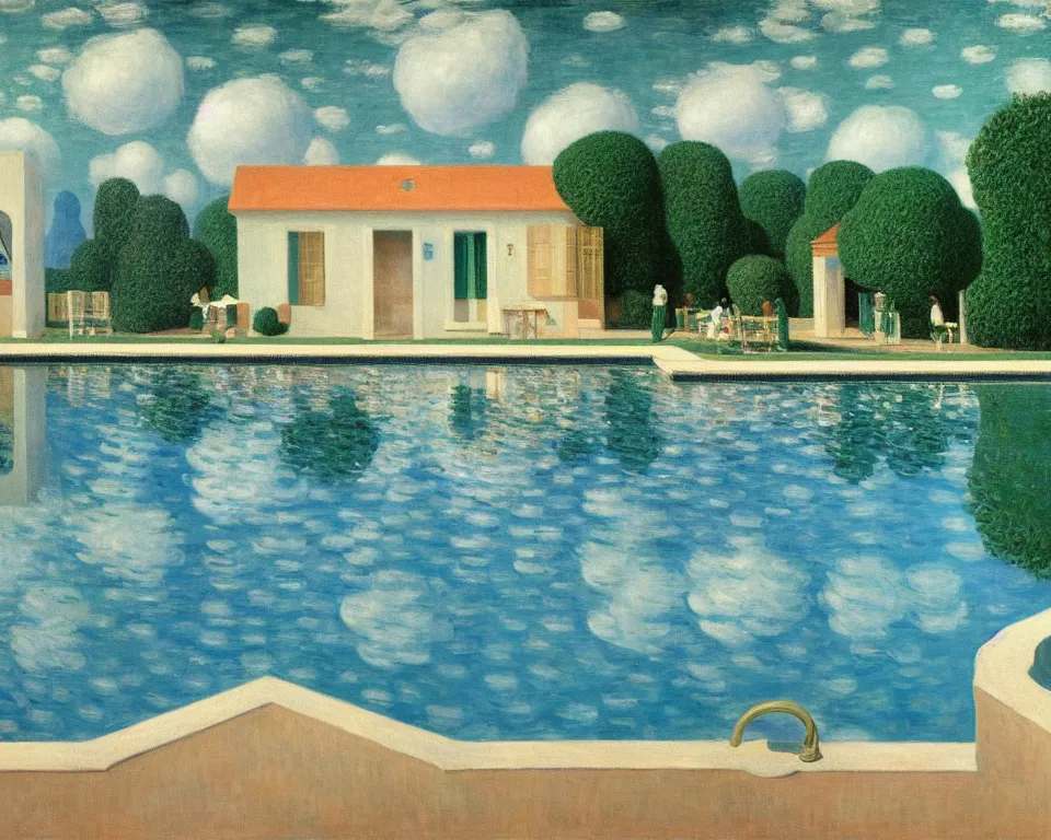 Prompt: achingly beautiful painting of a sophisticated, well - decorated, pueblo pool house by rene magritte, monet, and turner.