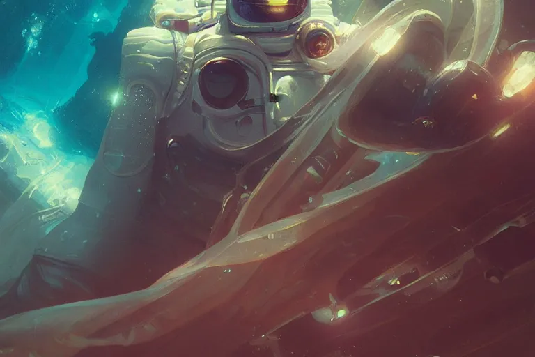 Image similar to futuristic astronaut underwater in the ocean at night, volumetric lighting, glowing lights, 4k, octane, digital painting, artstation, concept art, sharp focus, illustration, art by artgerm and greg rutkowski and alphonse mucha