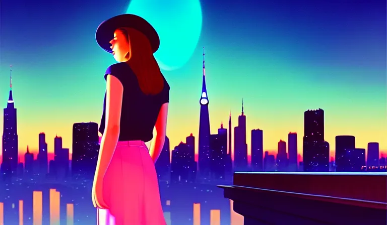 Prompt: a beautiful and immaculate young teenager girl with fedora hat. synthwave, night time, detailed. trending on artstation. recommended for you behance. by chris moore. by edward hopper., beeple colors, metropolis filmic. gotham city.