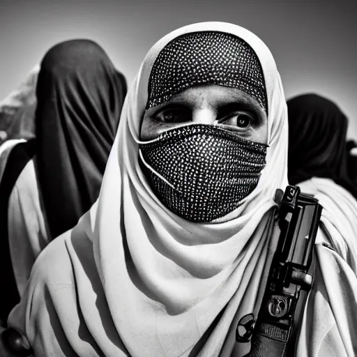 Image similar to 8 k uhd black and white portrait from burqa woman carrying a riffle's, uhd details, national geography winning photo contest