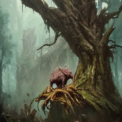 Image similar to a rat creature, in the shape of a ent, corpses and many rats around, by greg rutkowski, trending on art station, highly detailed, magic the gathering, matte painting