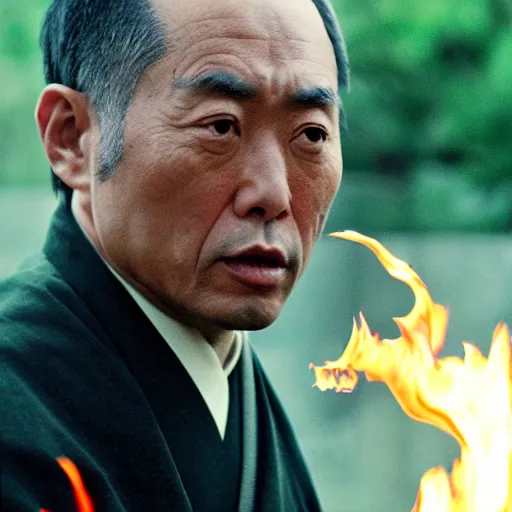 Image similar to cinematic film still of JID starring as a Japanese Sensei with fire, Japanese CGI, VFX, 2003, 40mm lens, shallow depth of field, film photography