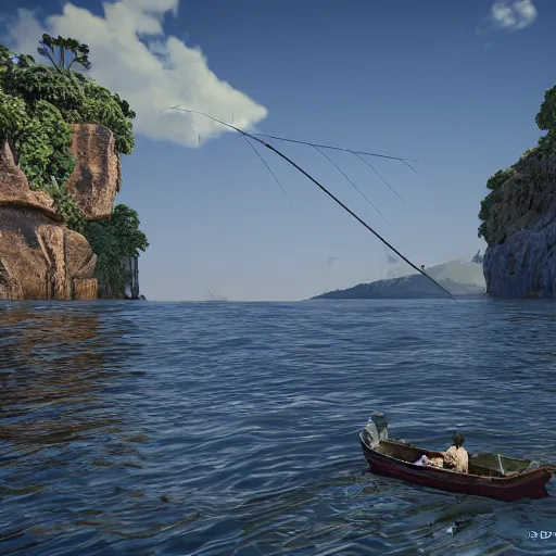 Image similar to Fishermen can be seen fishing at the beginning of the episode as the French Narrator explains their dangerous effects on aquatic species, Realistic, HDR, 8K, HDD, Unreal Engine 5,