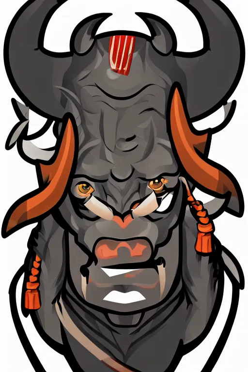 Image similar to A portrait of a bull as evil warlord general, sticker, Anthropomorphized, portrait, highly detailed, colorful, illustration, smooth and clean vector curves, no jagged lines, vector art, smooth