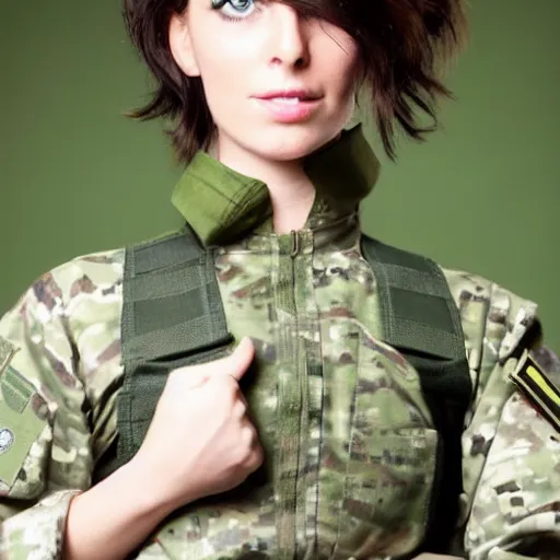 Image similar to brunette woman, short hair, flipped out ends, bright green eyes, military uniform, smirk