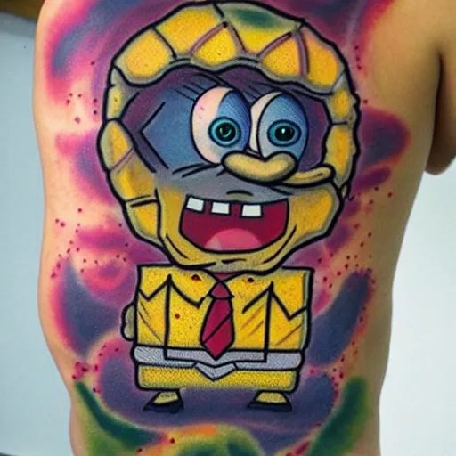 Prompt: spongebob circle pants, creepy, eerie, shadows, evil, dememnted, ultra realistic, hyper-realistic, 8k, 4k, tattoo art, tattoo,