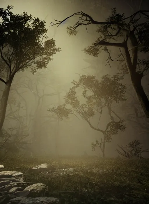 Image similar to A cinematic still of Evil Dead 2 (1987), particles, volumetric light, hyperrealistic, ultradetailed, fog, ominous, octane render, unreal engine