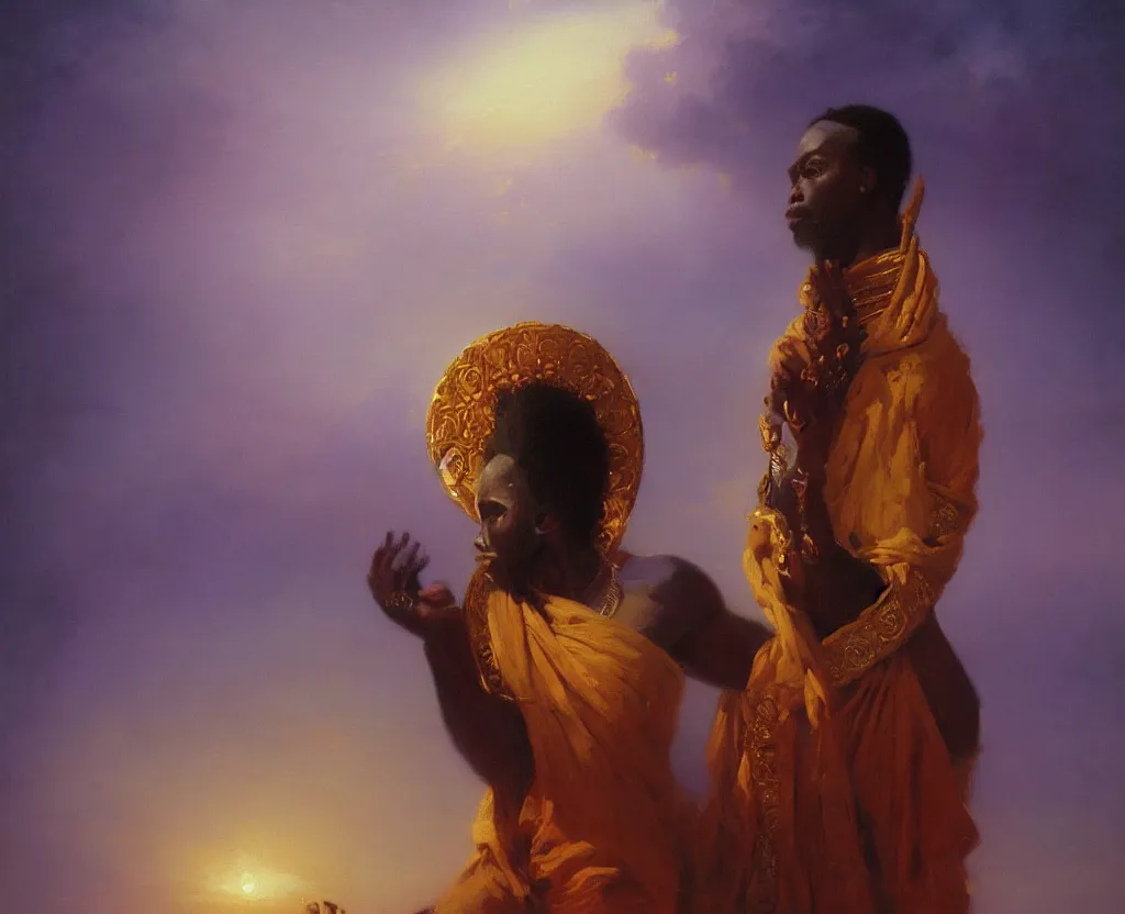 Prompt: stunning african god in minimal ritual garb, posing against a royal purple backdrop by ivan aivazovsky, wlop, oil painting, beautiful soft lighting, muted colours, artstation