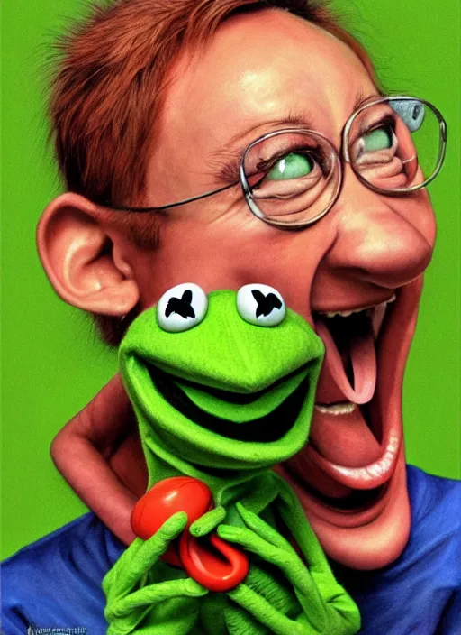 Image similar to portrait of a Deliriously happy and screaming Kermit the frog in Society (1989), highly detailed, centered, solid color background, digital painting, artstation, concept art, smooth, sharp focus, illustration, artgerm, donato giancola, Joseph Christian Leyendecker, Les Edwards, Ed Repka, WLOP, Artgerm