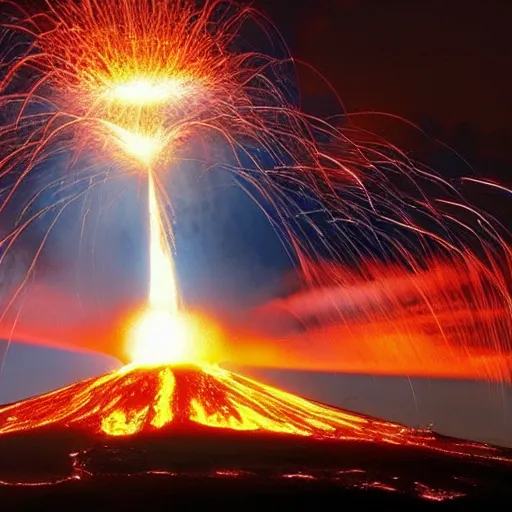 Prompt: a nuclear bomb exploding over an erupting volcano