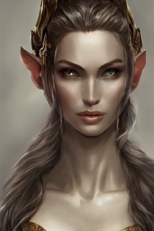 Image similar to three-quarters portrait pose of a beautiful woman, slim body, shining armor, elf warrior, fantasy, intricate, elegant, highly detailed, digital painting, artstation, concept art, matte, sharp focus,D&D, illustration, art by Stanley Lau