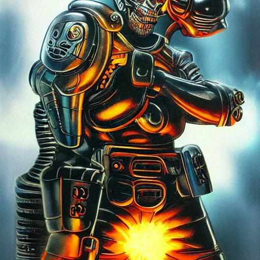 Prompt: high fantasy 1 9 8 0's wargame airbrushed artwork, a giant silver reflective chrome android wearing a mask shaped like an intricately carved beautiful human skull with glowing laser eyes, golden giant battle armor, inside a futuristic army base