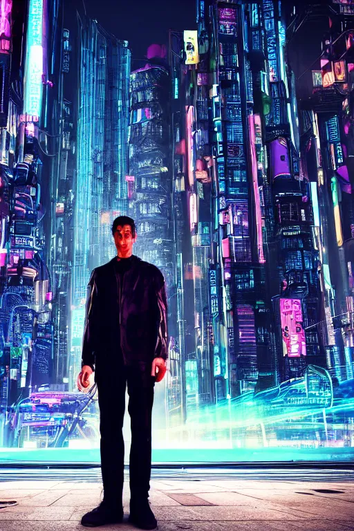 Image similar to portrait of a beautiful cyberpunk man standing in front of a cyberpunk city.