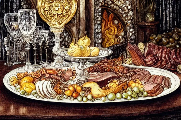 Image similar to one ornate silver platter with roasted pork and fruit on a wooden table with cozy fireplace in the background, warm lighting, fantasy, intricate, elegant, highly detailed, digital painting, artstation, concept art, matte, sharp focus, illustration, art by kay nielsen and walter crane, illustration style, watercolor