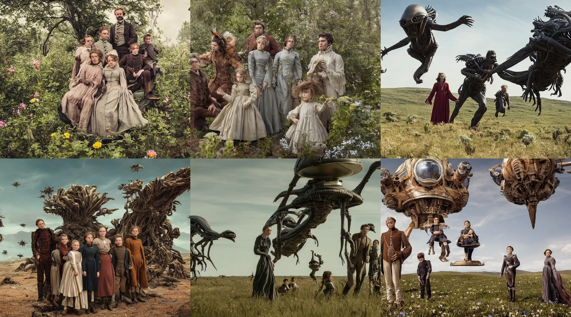 Prompt: still from a sci fi blockbuster movie made in 2022, set in 1860, of a family sitting on an flying platform, on an alien planet, flying over the alien landscape, full of strange wild alien plants and flowers, family are wearing 1850s era clothes, good lighting, 4k, in focus faces, good photography, oscar winner