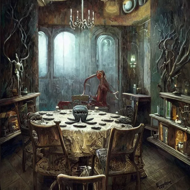 Prompt: a serene and tranquil dining room, haunted house, masterpiece, unease, grasping pseudopods, detailed human figures, rhads!!!, magical realism, urban fantasy, ( h. r. giger )