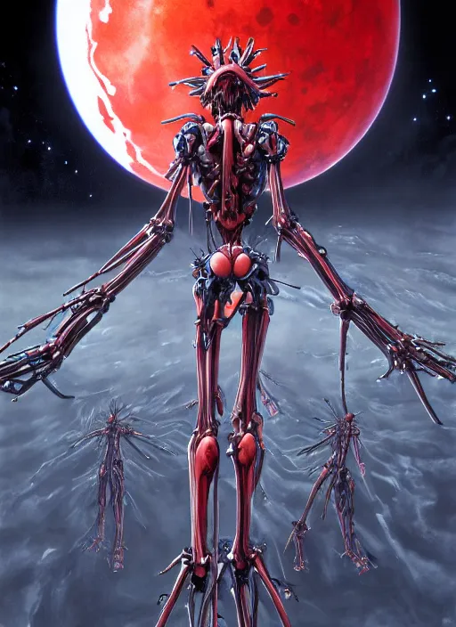 Prompt: Neon Genesis Evangelion by Yoshitaka Amano, by HR Giger, biomechanical, 4k, hyper detailed, hyperrealism, anime, a Blood Moon rising on a Broken World, deviantart, artstation