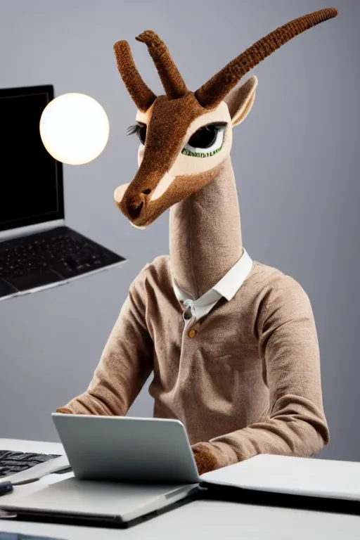 Prompt: anthropomorphic gazelle that looks like a human, wearing a shirt, sitting at a desk with a laptop, realistic, colored studio lighting, professional photography, nikon 5 0 mm f / 1. 8 g, canon