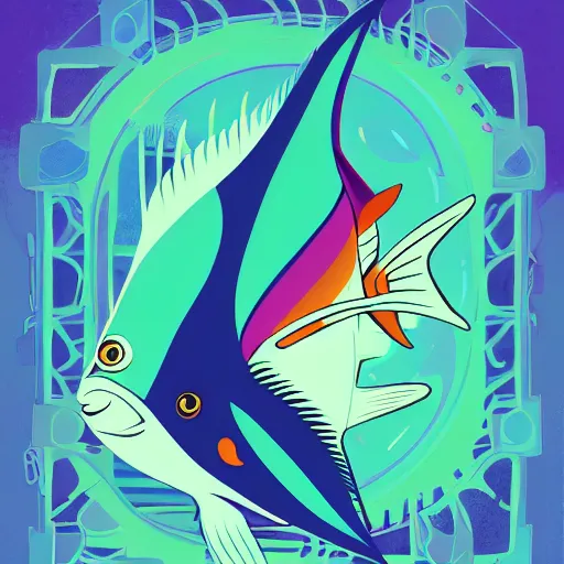 Image similar to profile of one stylized fish in center of view, photo studio, artstation, intricate, realistic, highly detailed, digital painting, concept art, sharp focus, illustration by tom whalen and charles williams and kilian eng and james jean