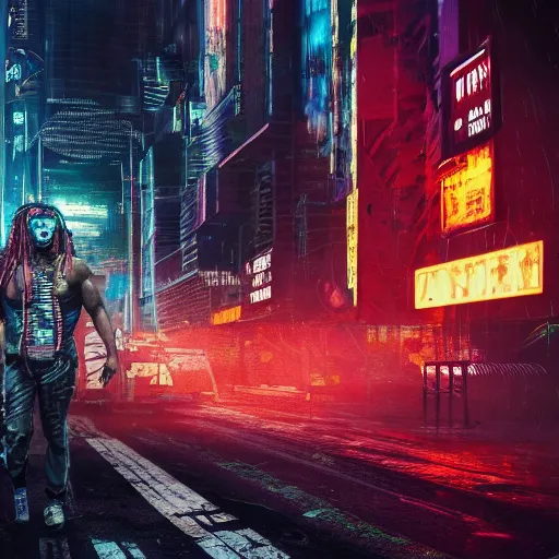 Image similar to high quality photo of The Predator in a cyberpunk cyberpunk cyberpunk city, realism, 8k, award winning photo