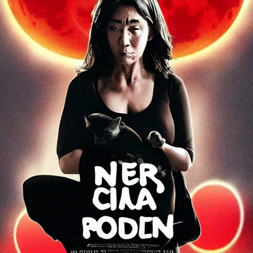 Prompt: poster for a movie about a ninja cat lady and red moon