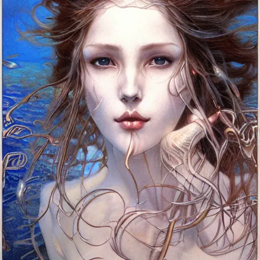 Prompt: realistic detailed face portrait of a beautiful woman underwater by gerald moira, ayami kojima, amano, greg hildebrandt, ann long, and mark brooks, female, feminine, art nouveau, victorian, neo - gothic, gothic, character concept design